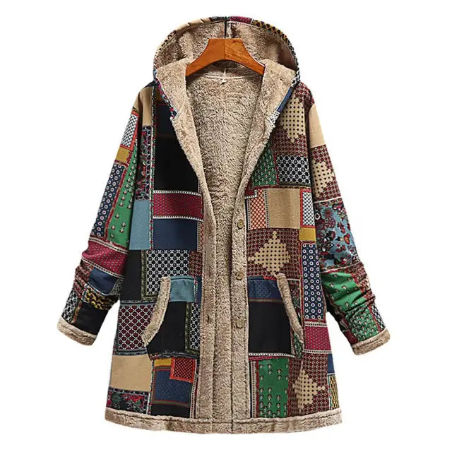 Winter Vintage Women Coat Warm Printing Thick Fleece Hooded Long Jacket with Pocket Ladies Outwear Loose Warm Plush Coat