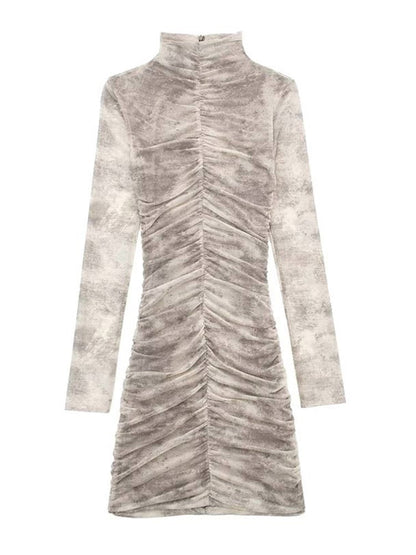 Women Elegant Pleated Tulle Print Dress 2023 Spring Street Slim Long Sleeve Dresses Fashion Office Ladies Back Zipper Vestidos