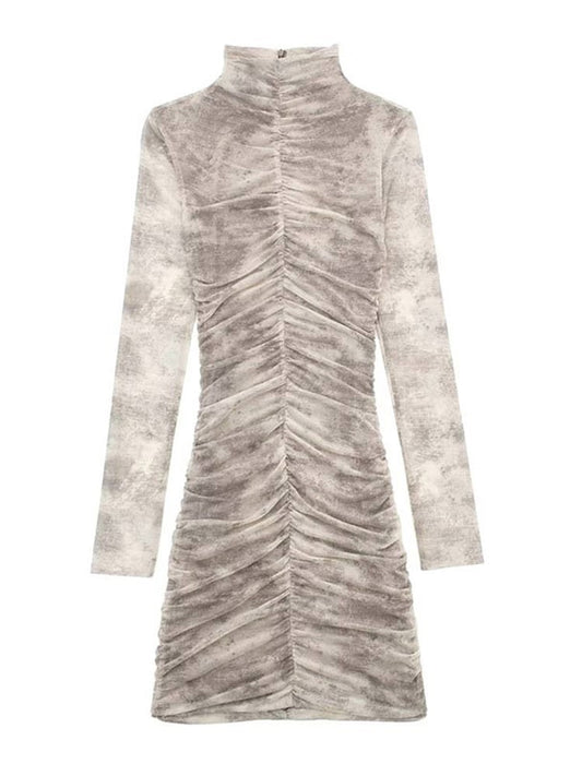 Women Elegant Pleated Tulle Print Dress 2023 Spring Street Slim Long Sleeve Dresses Fashion Office Ladies Back Zipper Vestidos