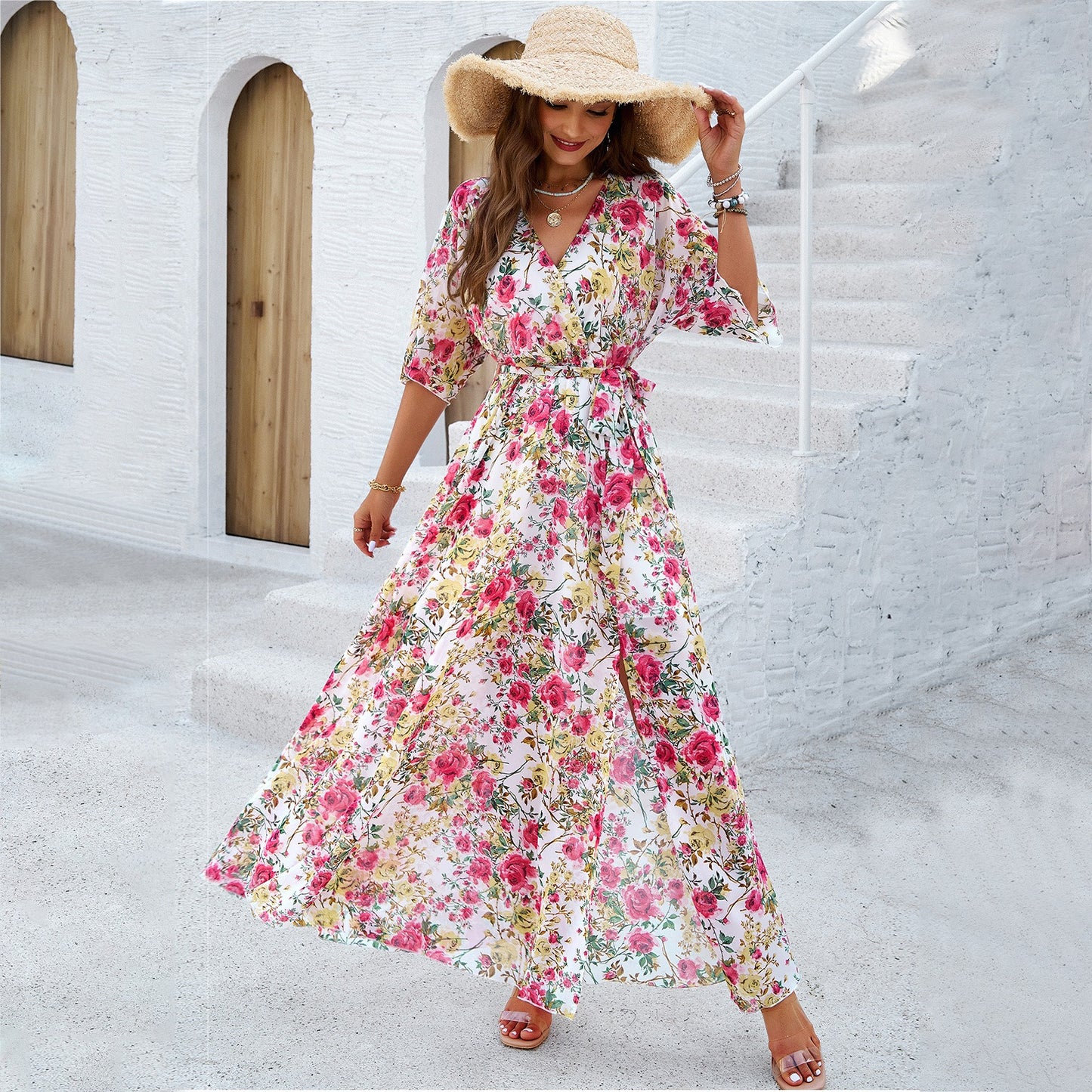 Ladies' elegant spring and summer temperament printed waist cinching dress