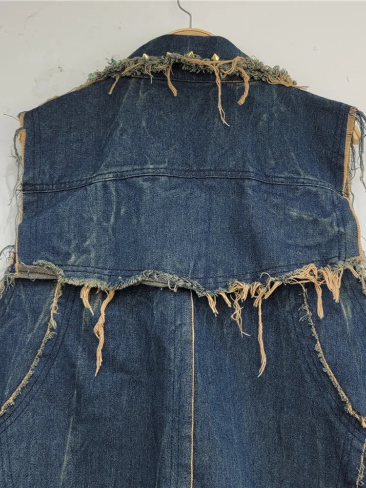 Vintage Lapel Single Breasted Sequin Diamond Flower Loose Contrasting Denim Vest Jackets Women Spring Summer