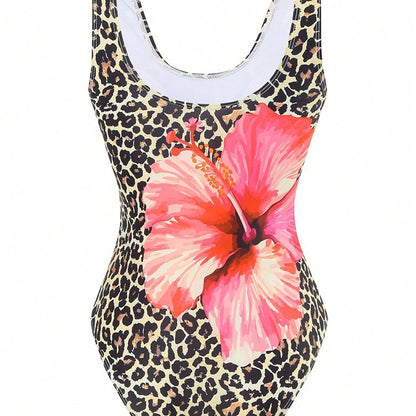 U-Neck Leopard Print One-Piece Swimsuit for Women