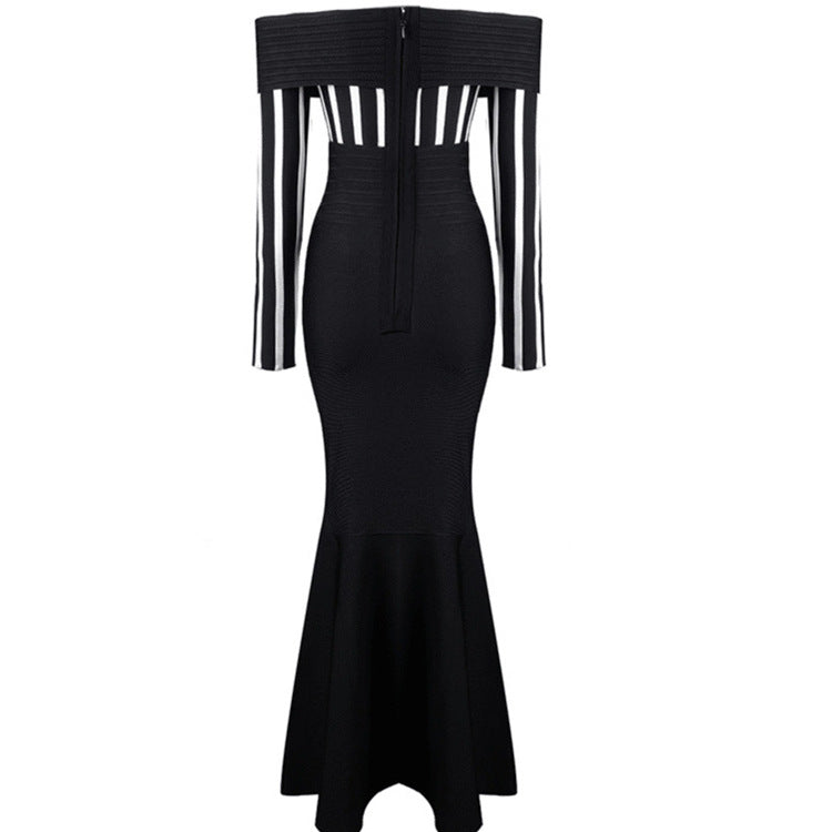 High Quality  Ladies Off Shoulder Colorblock Striped Evening Gown Dress Hot Sexy Striped Hip Dress Long Skirt