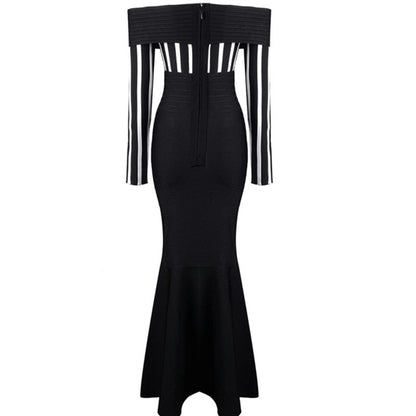 High Quality  Ladies Off Shoulder Colorblock Striped Evening Gown Dress Hot Sexy Striped Hip Dress Long Skirt