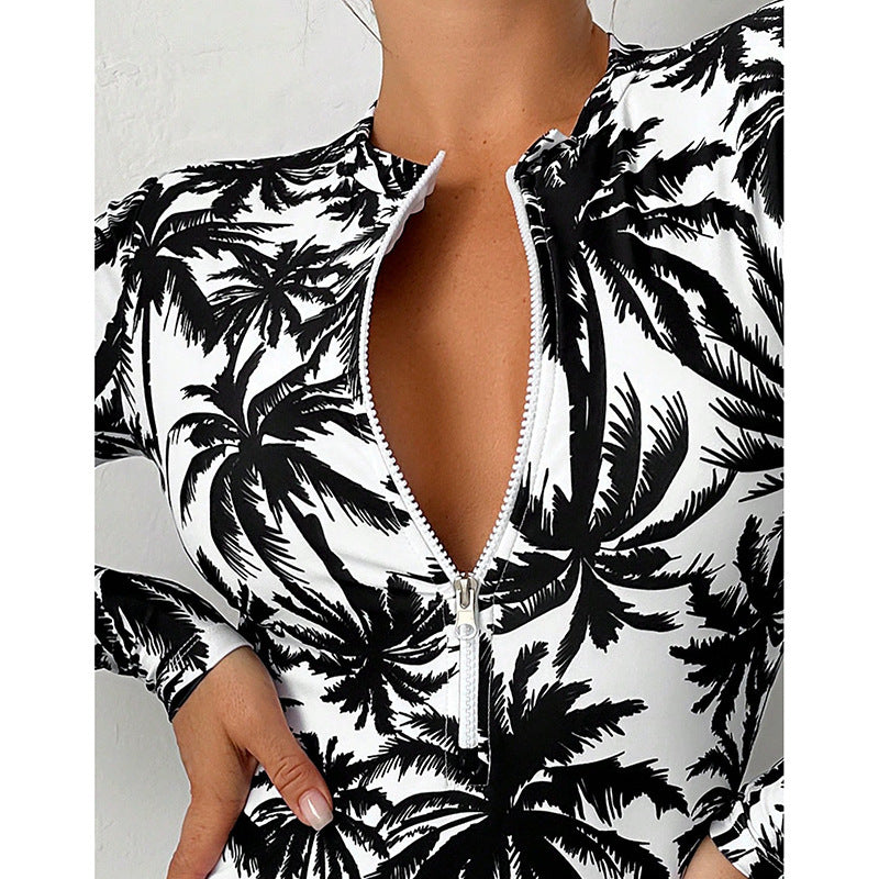 Printed  Long Sleeve Zipper Conservative Belly Coverage One-Piece Swimwear