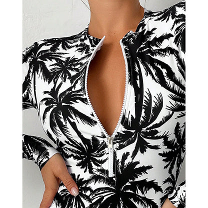 Printed  Long Sleeve Zipper Conservative Belly Coverage One-Piece Swimwear