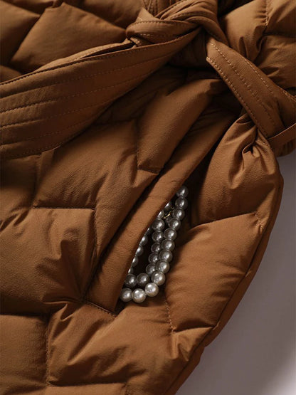 Winter New Lightweight Down Jacket with Belt Women Elegant Tie Belt Long Cotton White Duck Down Parka Female Ladies Jackets