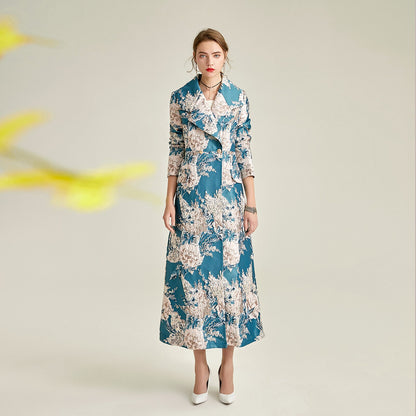 Spring and Autumn Ladies and Ladies Luxury Satin Jacquard Royal Sister Style Elegant Tall Long Trench Coat