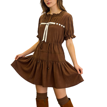 Women's fashionable French-style lace-trimmed velvet bow waist drawstring dress