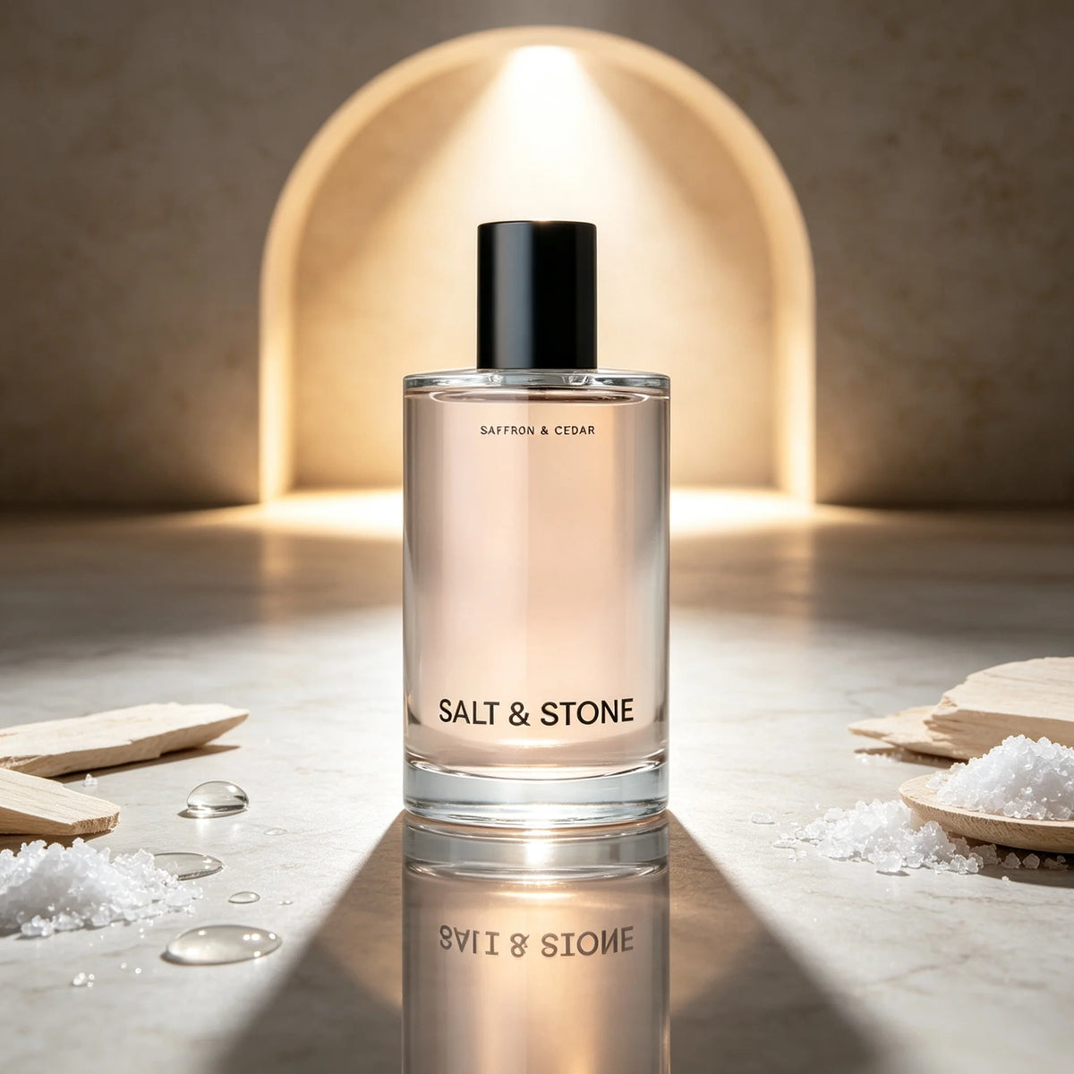 Long-Lasting Saffron & Cedar Unisex Perfume: Salt & Stone, Warm Woody Spicy Scent, Tall Clear Glass Bottle with Matte Black Cap, Minimalist Fragrance for Men and Women, 100ml
