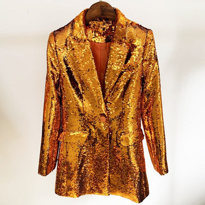 Designer Fashion Gold Sequin And Shimmer Blazers For Women Elegant Set Skirt And Jacket Ladies Evening Party Dress