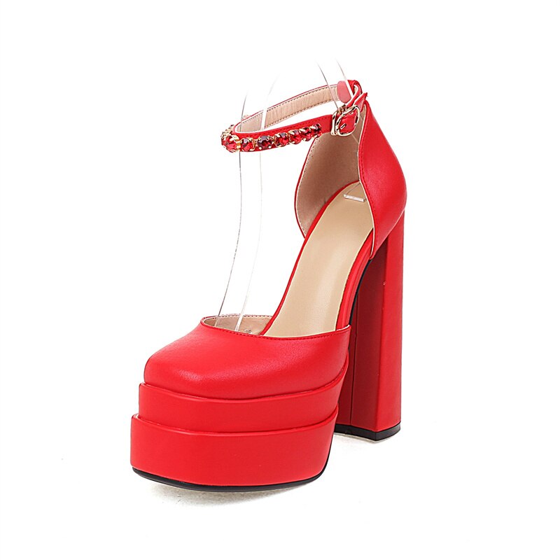 Rhinestone Ankle Strap Super Thick High Heels Platforms Pumps For Women Casual Spring Summer Shallow Party Chunky Shoes Ladies
