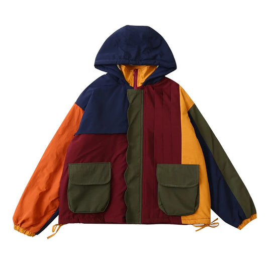 Winter Vintage Niche Women Hooded Thick Winter Jackets Ladies Cotton Parkas Coat Warm Wool Lining Outwear Color Block Patchwork