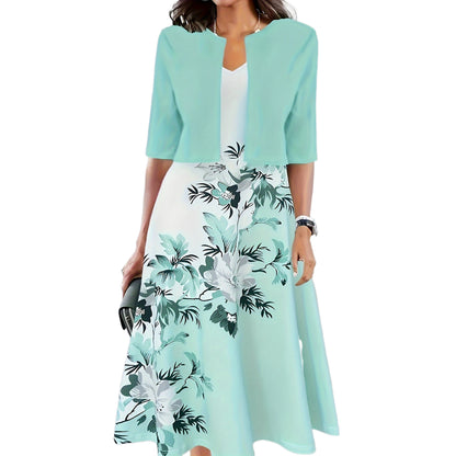 Two-piece long dress with floral and grass print, round neckline