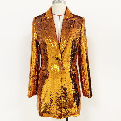 Designer Fashion Gold Sequin And Shimmer Blazers For Women Elegant Set Skirt And Jacket Ladies Evening Party Dress
