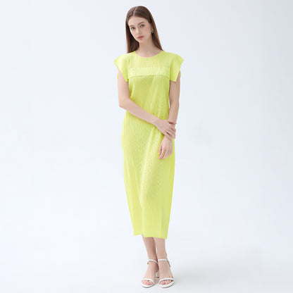 Ladies summer simple loose sleeveless pleated waistcoat round neck mid-length dress