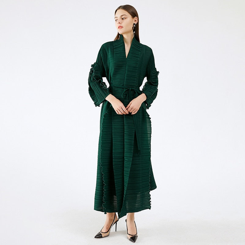Spring And Summer Women's Catwalk Models Fungus Edge Long Sleeve Stitching Straps Pleated Dress