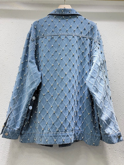 Women's Denim Coat Diamond Shape Rhinestone Sequins Single Breasted Do Old Blue Jackets  Summer New Fashion