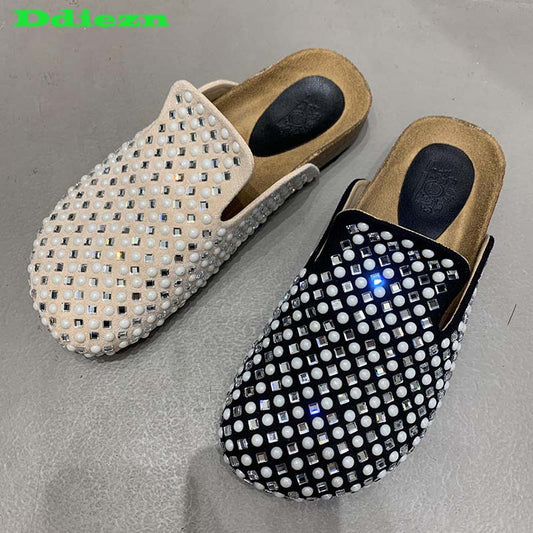 Mules Slippers Women New In 2023 Fashion Casual Summer Slides Rhinestones Female Shoes Ladies Outside Round Toe Flats