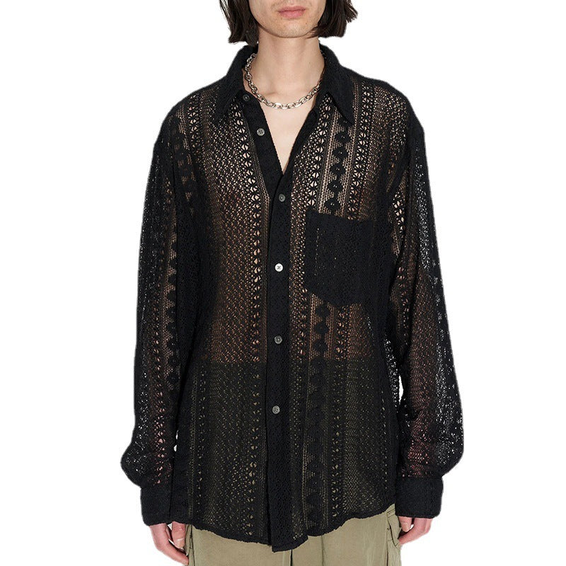 Casual Drapey Hollow Lace Shirt Men's Dress Shirt Men's Wear Summer Casual Fashion Trendy Top