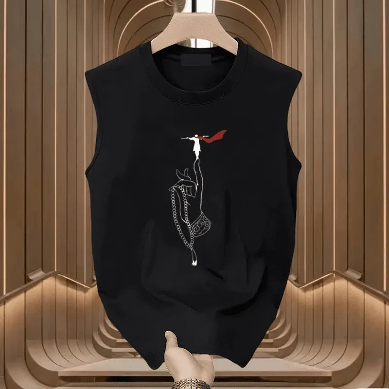Chinese Style Printed Cotton Loose Casual Sleeveless Sports Vest Tank Tops S-4XL