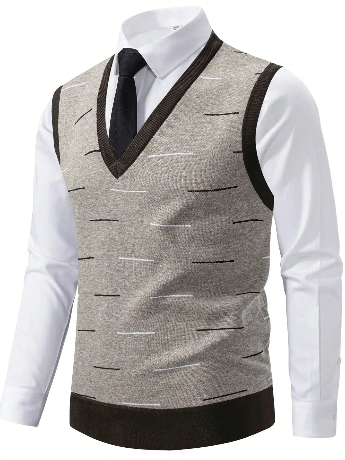 Men's V-Neck Thermal Lined Knit Vest for Business & Leisure, Warm Padded Sweater Vest with Stripe Pattern