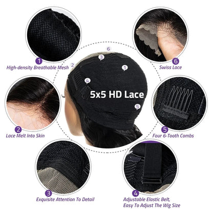36 Inch Body Wave Lace Front Wigs Human Hair 250% Density 13x4 HD Lace Front Pre Plucked Natural Hairline With Baby Hair Brazilian Virgin 5x5 Glueless Human Hair Wigs For Women Natural Black Color Breathable Lace Base With Pre-Plucked Hairline