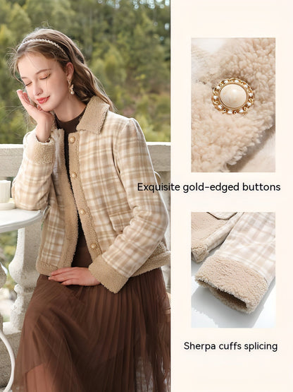 Checkered Lamb Cashmere Patchwork Cotton Jacket For Women