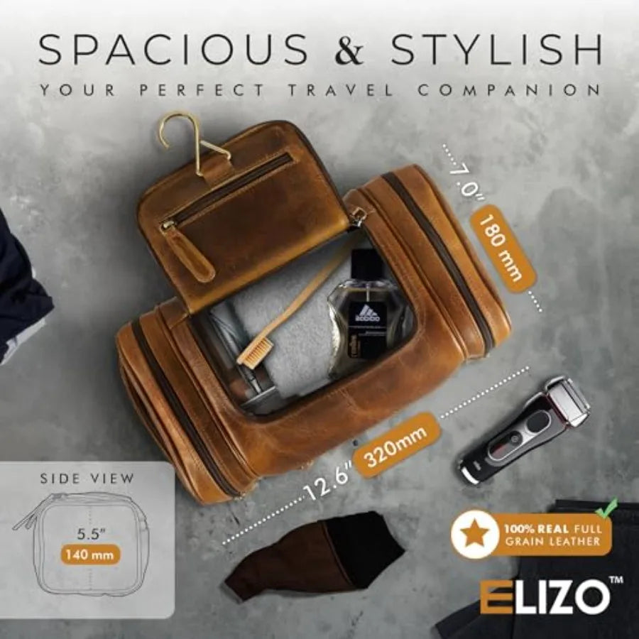 Genuine Leather Toiletry Bag for Men Mens Toiletry Bags for Traveling Waterproof Hanging Leather Dopp Kit w/Hook Extra largeToi
