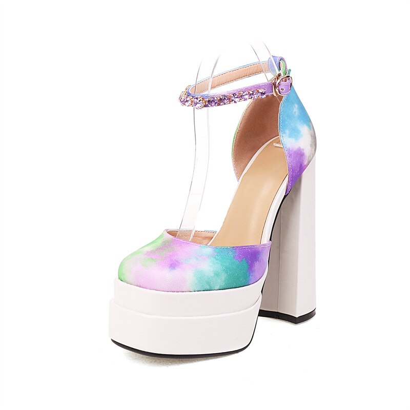 Rhinestone Ankle Strap Super Thick High Heels Platforms Pumps For Women Casual Spring Summer Shallow Party Chunky Shoes Ladies