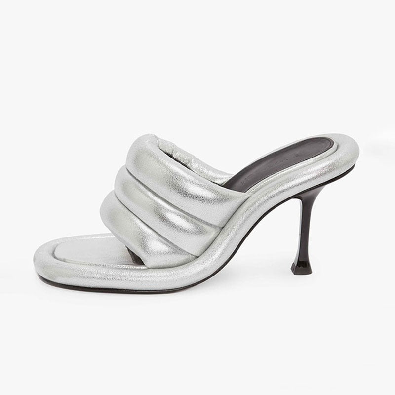 Genuine Leather Thin High Heel Slippers Women Mixed Color Open Toe Roman Style Sandals Ladies Sexy Party Dress Shoes