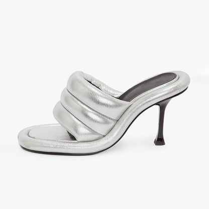 Genuine Leather Thin High Heel Slippers Women Mixed Color Open Toe Roman Style Sandals Ladies Sexy Party Dress Shoes