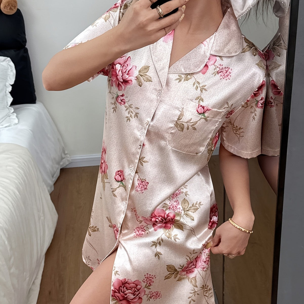 Ladies' Sleepwear Home Clothing Sexy Floral Summer Lightweight Rayon-like  Casual Short Sleeve Shirt Dress