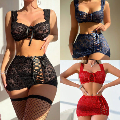 Sexy Sheer Lace Floral Tie-Up Spliced Bra and Panty Set for Women