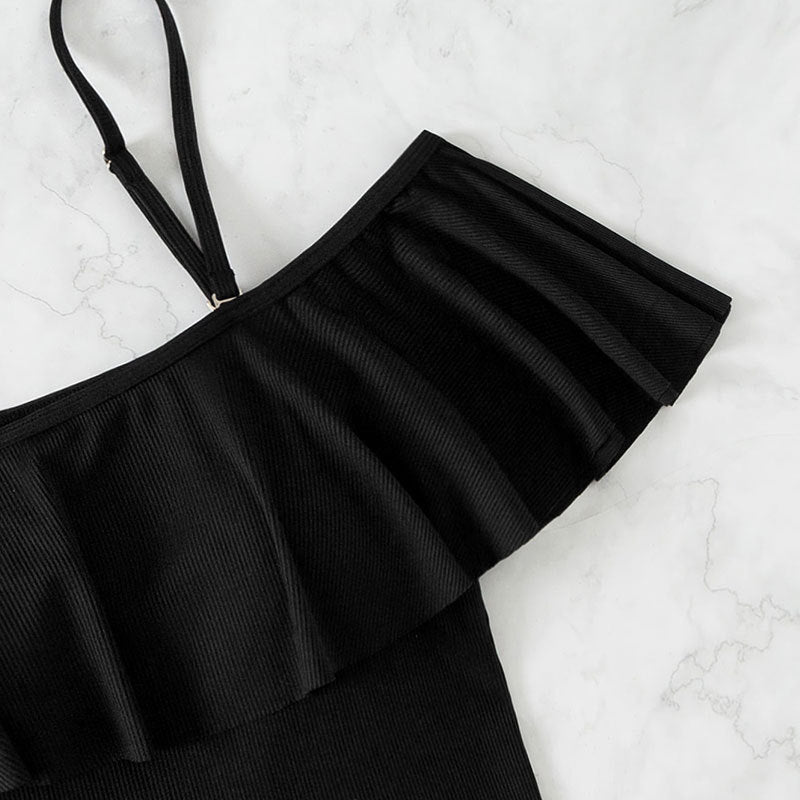 Conservative Strapless One-Shoulder Ruffle High-Waisted One-Piece Swimsuit Bikini