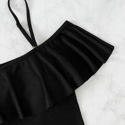Conservative Strapless One-Shoulder Ruffle High-Waisted One-Piece Swimsuit Bikini