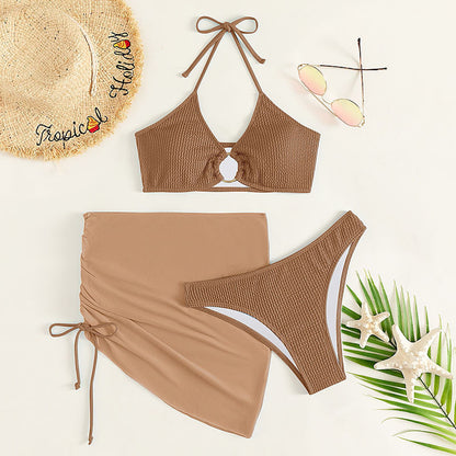Chic Solid Color Belted Bikini Three-Piece Swimsuit for Women