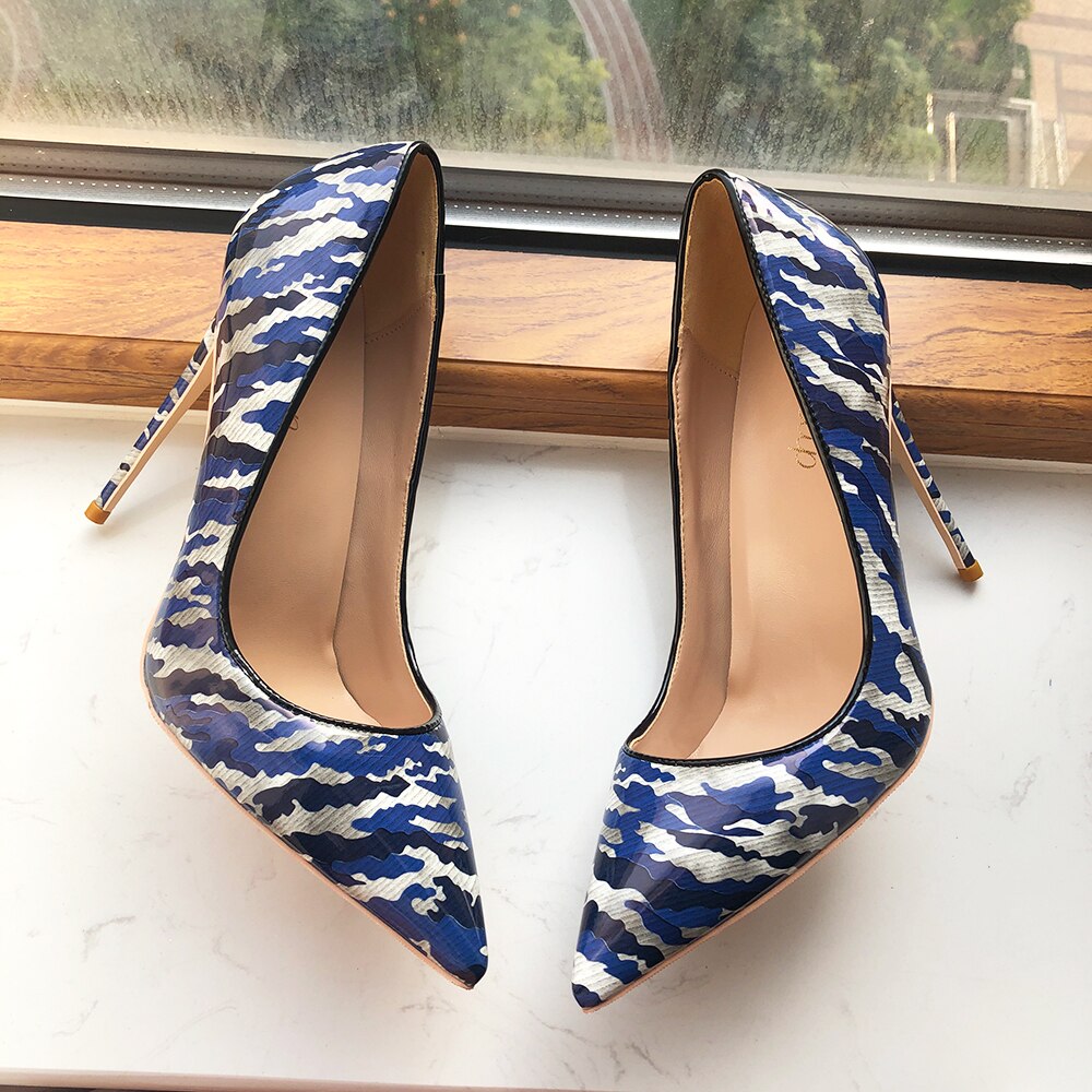 Tikicup Blue Women Patent Printed Pointy Toe High Heels 8cm 10cm 12cm Customize Ladies Chic Stiletto Pumps Slip On Dress Shoes