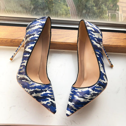 Tikicup Blue Women Patent Printed Pointy Toe High Heels 8cm 10cm 12cm Customize Ladies Chic Stiletto Pumps Slip On Dress Shoes