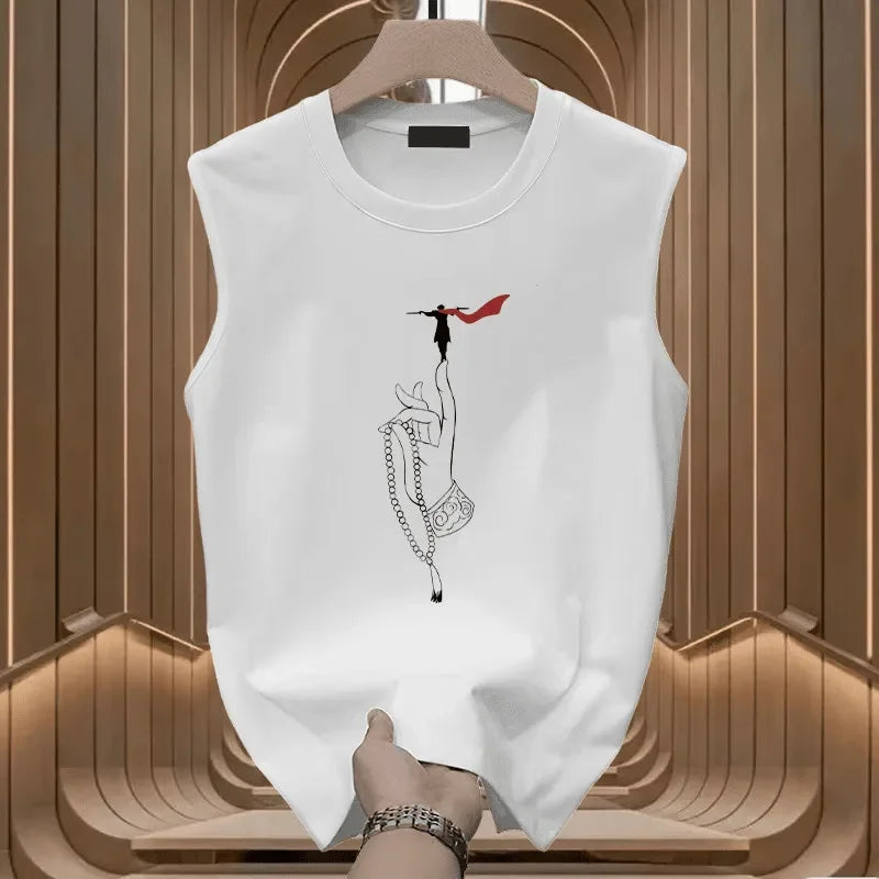 Chinese Style Printed Cotton Loose Casual Sleeveless Sports Vest Tank Tops S-4XL