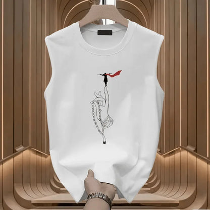Chinese Style Printed Cotton Loose Casual Sleeveless Sports Vest Tank Tops S-4XL
