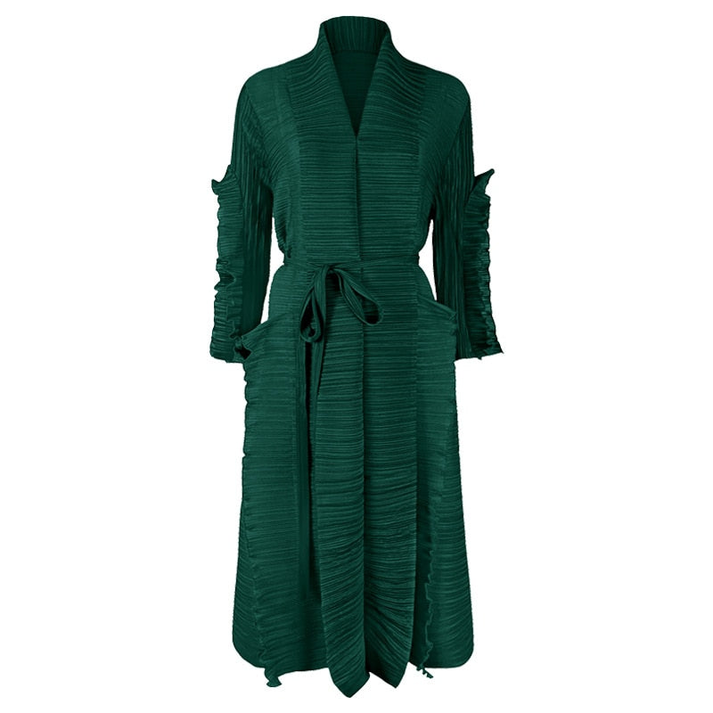 Spring And Summer Women's Catwalk Models Fungus Edge Long Sleeve Stitching Straps Pleated Dress