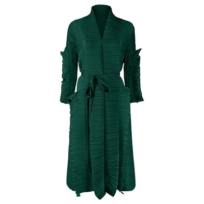 Spring And Summer Women's Catwalk Models Fungus Edge Long Sleeve Stitching Straps Pleated Dress