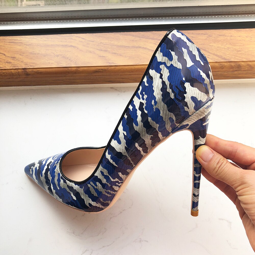 Tikicup Blue Women Patent Printed Pointy Toe High Heels 8cm 10cm 12cm Customize Ladies Chic Stiletto Pumps Slip On Dress Shoes
