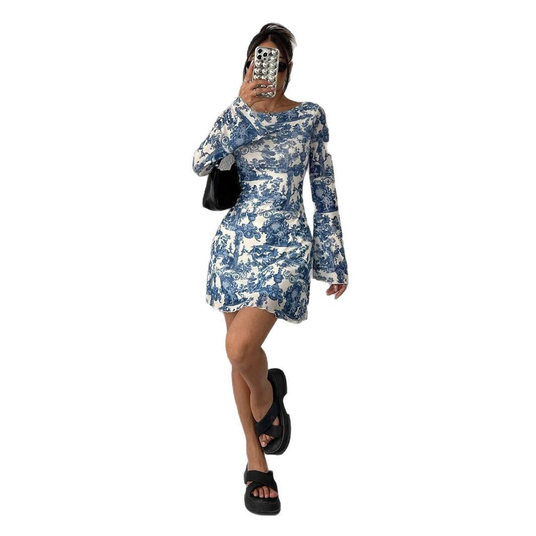 Ladies' printed flared sleeve backless mesh dress