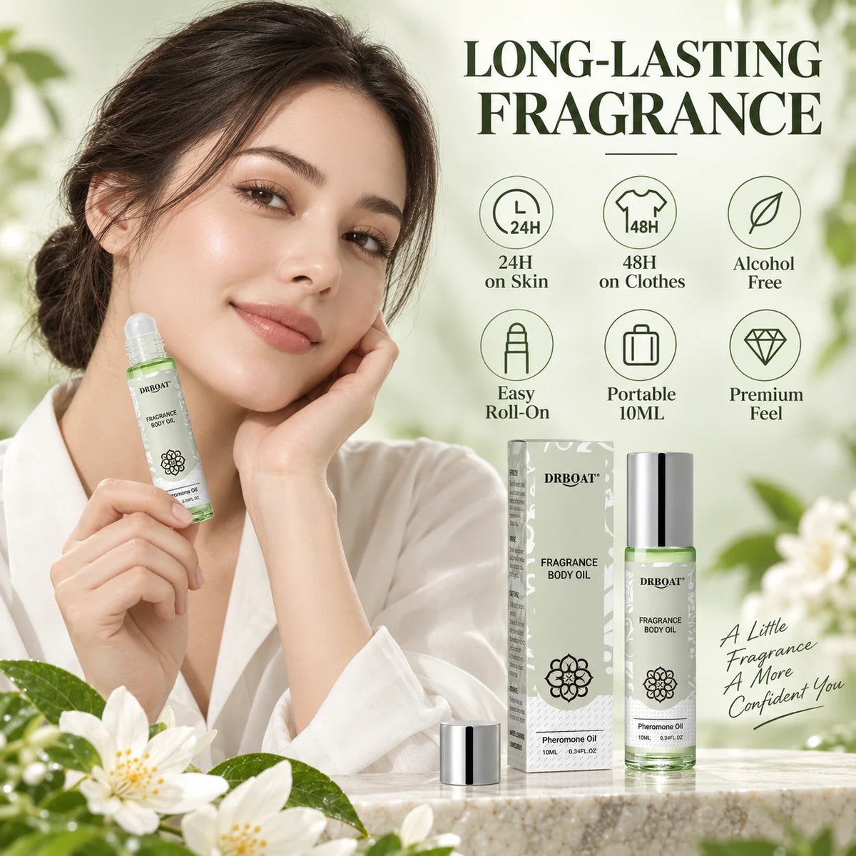 Fresh Jasmine Perfume Oil Roll On for Women, Long Lasting Floral Fragrance Body Oil with Green Pear Bergamot Cedarwood Notes