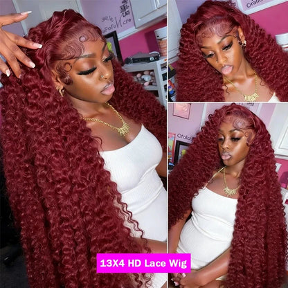 36 38 Inch Burgundy 13x6 hd Lace Frontal Wig Water Wave Curly 13x4 Red Remy Human Hair Brazilian 99J Colored Hair Wigs for Women