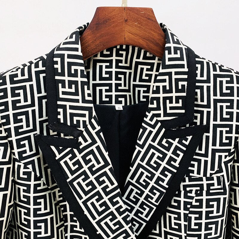European ladies Spring High Street Classic Featured Fabric Geometric Texture Patchwork Jacket Lion Head Buckle Notched Blazer