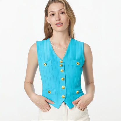 V-neck ice silk knitted vest women's summer new style French chic slim fit sleeveless top