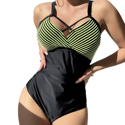 Bright green striped sexy back cross tie one-piece swimsuit
